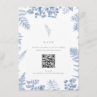 Cartão De Informações Código QR de Casamento Floral Azul Elegante Francê