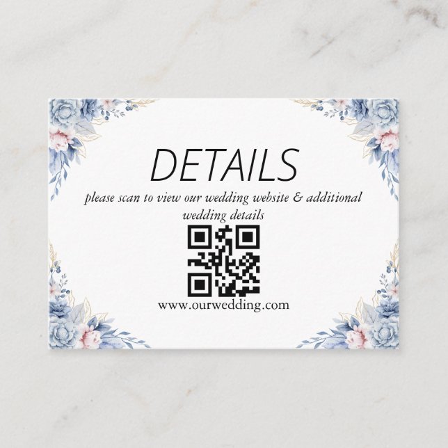 Cartão De Informações Código QR de Casamento Floral Dusty Blue (Frente)