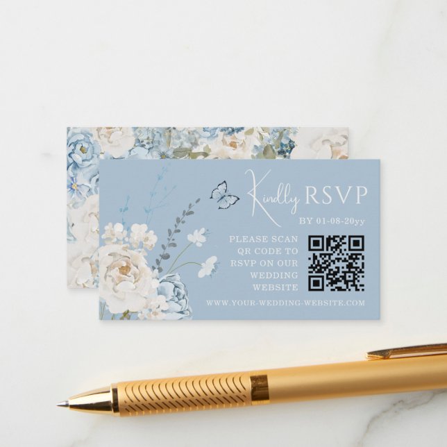 Cartão De Informações Código QR de Casamento Floral Romântico Azul RSVP (Frente/Verso In Situ)