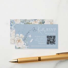 Cartão De Informações Código QR de Casamento Floral Romântico Azul RSVP