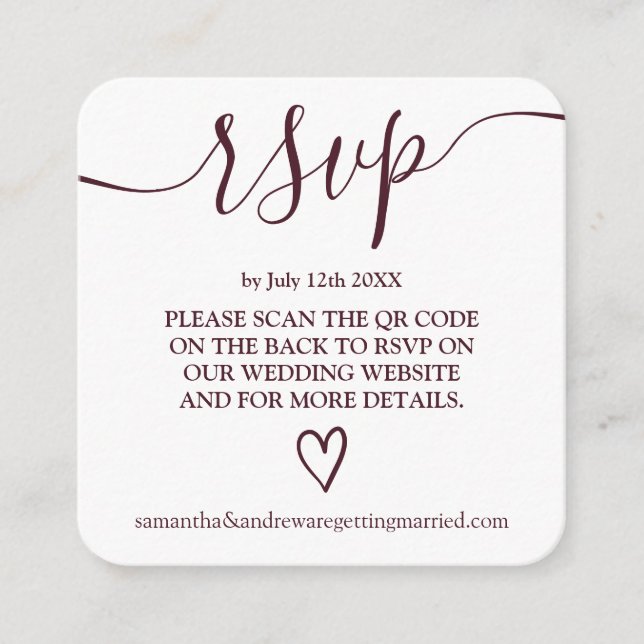 Cartão De Informações Código Qr de casamento simples de burgundy (Frente)
