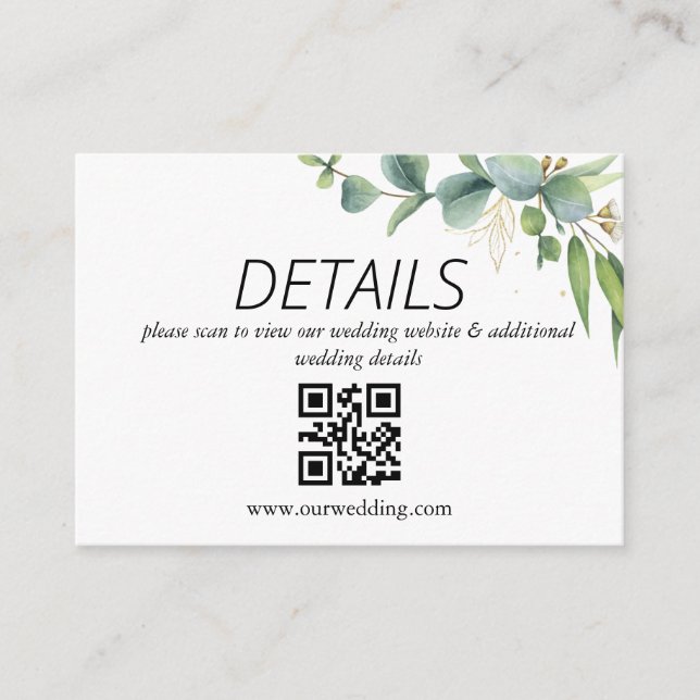 Cartão De Informações Código QR de casamento verde rústico de eucalipto (Frente)