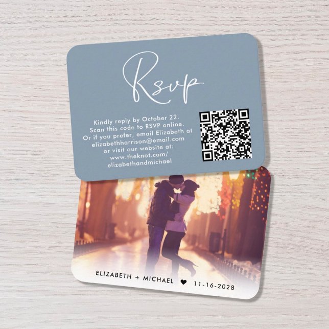 Cartão De Informações Código QR de Foto Moderno Casamento RSVP Dusty Blu (Criador carregado)