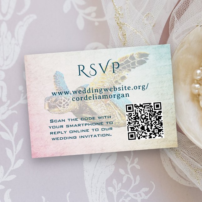 Cartão De Informações Código QR de RSVP de casamento de tartaruga marinh (Criador carregado)