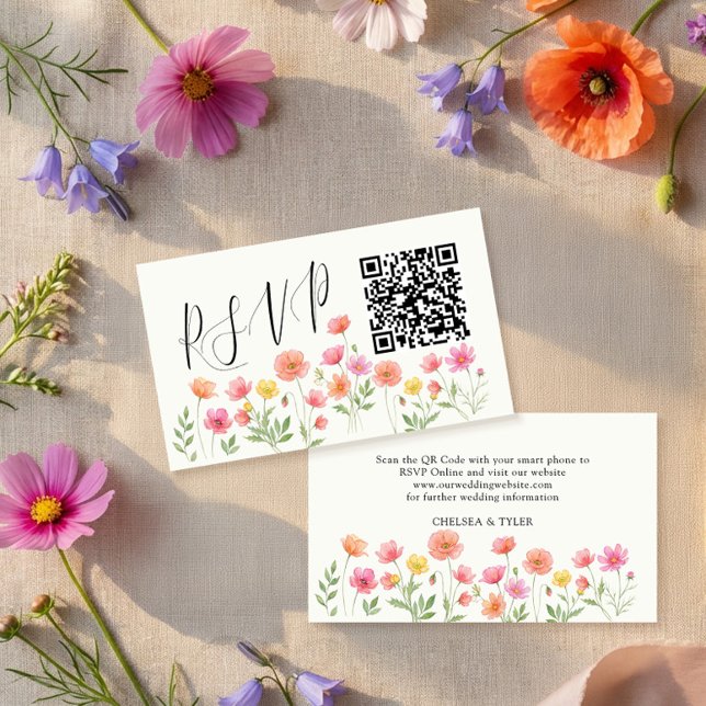 Cartão De Informações Código QR de RSVP de Casamento Floral Laranja Rosa (QR Code enclosure card for online rsvp. Part of the Wildflower Bloom collection by Darling & May)