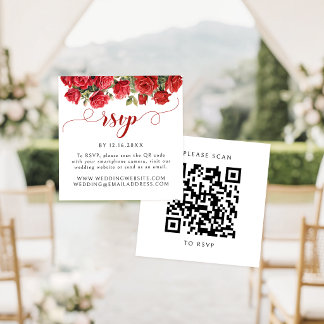 Cartão De Informações Código QR de RSVP de casamento floral rosa vermelh