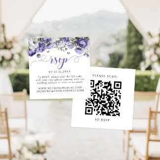 Cartão De Informações Código QR de RSVP de casamento floral roxo