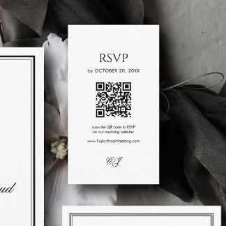 Cartão De Informações Código QR de RSVP de Casamento Preto e Branco Mode