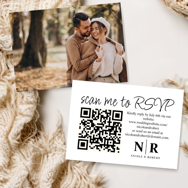 Cartão De Informações Código QR de RSVP de Monograma de Casamento com Fo (Criador carregado)