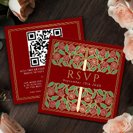 Cartão De Informações Código QR de RSVP do Casamento Real Floral Dourado
