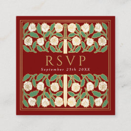 Cartão De Informações Código QR de RSVP do Casamento Real Floral Dourado