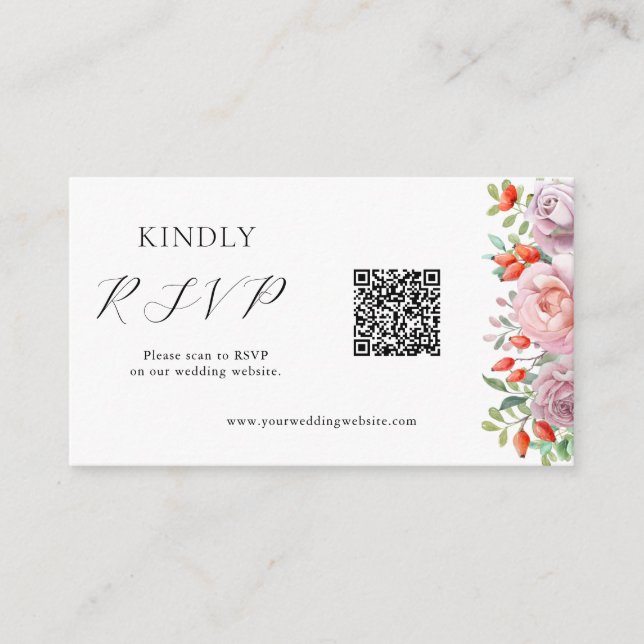 Cartão De Informações Código QR de RSVP do Casamento Rosa de Primavera (Frente)
