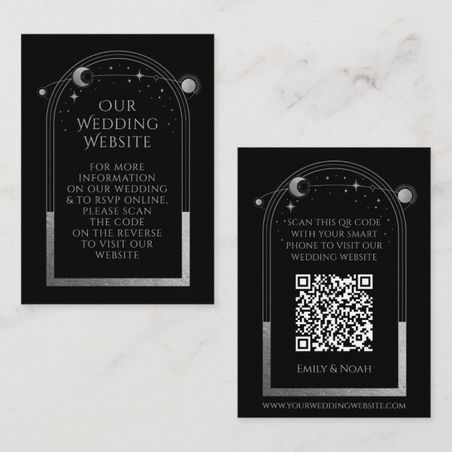 Cartão De Informações Código QR de RSVP do Site de Casamento Preto Místi (Frente/Verso)
