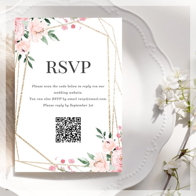 Cartão De Informações Código QR de RSVP | Floral Rosa Bege (Criador carregado)