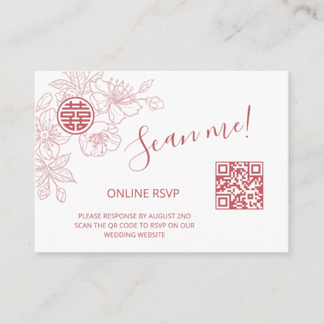 Cartão De Informações Código QR de RSVP Online de Casamento Chinês Rosa  (Frente)