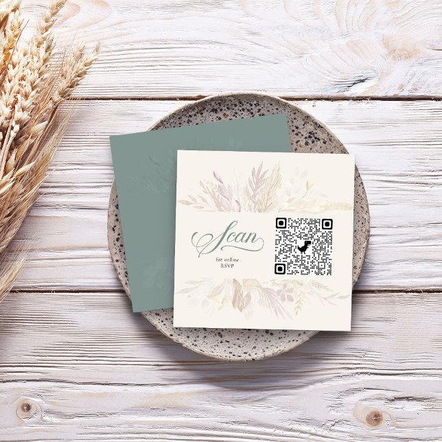 Cartão De Informações Código QR de RSVP Online de RSVP Verde de Sage (Sage Green Elegant square online RSVP card with QR code - Foliage Duet wedding collection)