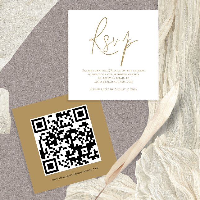 Cartão De Informações Código QR de Script Casamento Dourado Branco Envio (Front and back view of this mini 2.5" square enclosure RSVP card with QR code on the back)