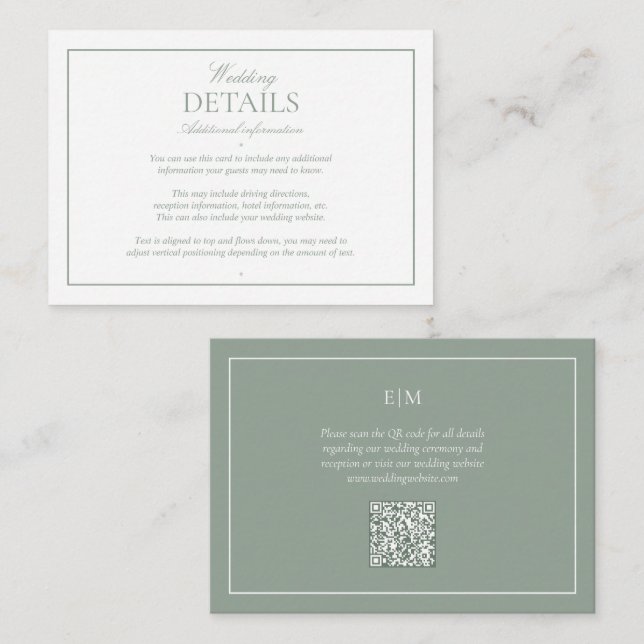 Cartão De Informações Código QR Detalhes de Casamento do Monograma Verde (Frente/Verso)