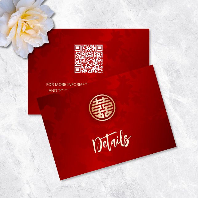 Cartão De Informações Código QR | Detalhes do Casamento Chinês Vermelho (Criador carregado)