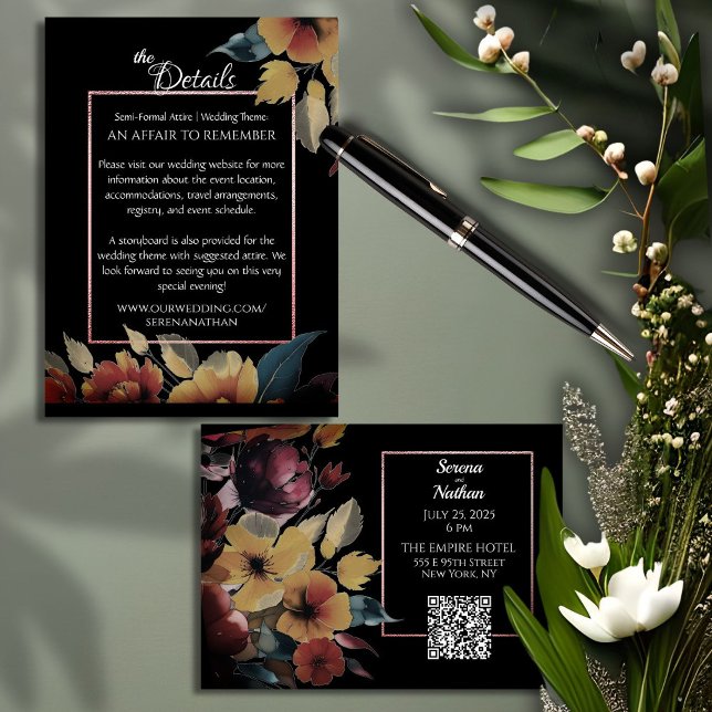 Cartão De Informações Código QR do Buquê em Rose Gold Detalhes do Casame (This enclosure card features your custom qr code and modern floral design with a sparkling border)