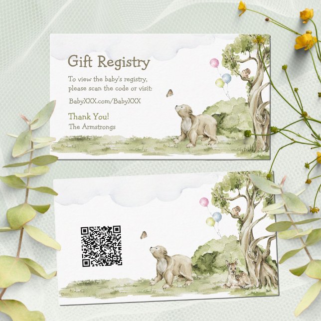 Cartão De Informações Código QR do Chá de fraldas de Espera do Registro  (Bearly Wait Cute Bear Watercolor Baby Show QR Code Enclosure Card ©Susanne Sachers - Sunny Mind 🌞)