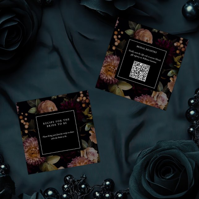 Cartão De Informações Código QR do Chá de panela Floral Gótico Escuro (Dark and Moody Goth Floral Bridal Shower Enclosure Cards )