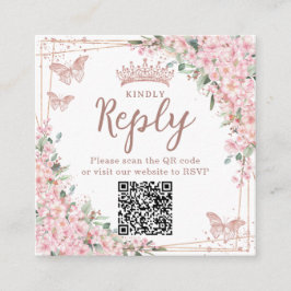 Cartão De Informações Código QR do Quinceanera em Rosa Dourado com Flor 