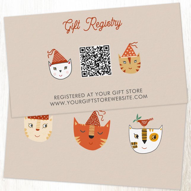 Cartão De Informações Código QR do Registro de Oferta de Chá de fraldas  (Fun party cat baby shower gift registry website and QR code enclosure card)