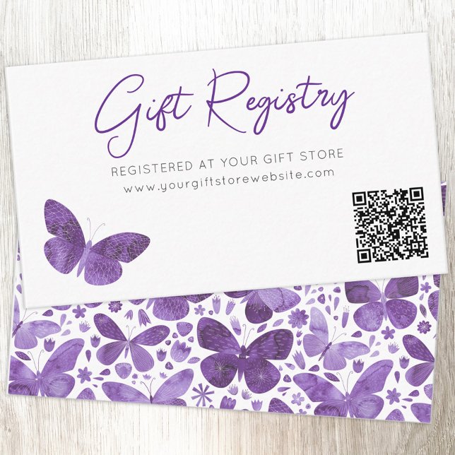 Cartão De Informações Código QR do Registro de Ofertas de Borboleta (Modern watercolor butterfly purple baby shower gift registry enclosure card with custom text QR code)