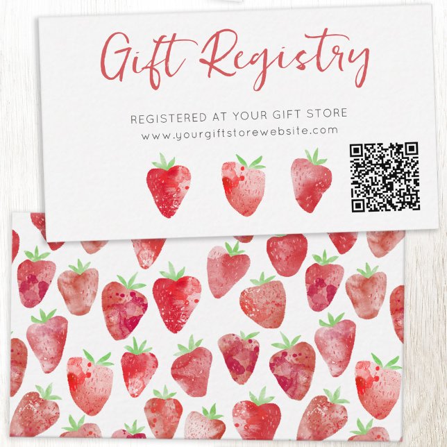 Cartão De Informações Código QR do Registro de Presentes do Chá de Bebê  (Strawberry watercolor baby shower gift registry card with QR code)