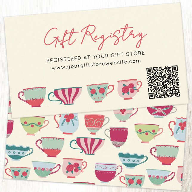 Cartão De Informações Código QR do Registro de Presentes do Chá de Noiva (Teacup tea party themed gift registry enclosure card with QR code)