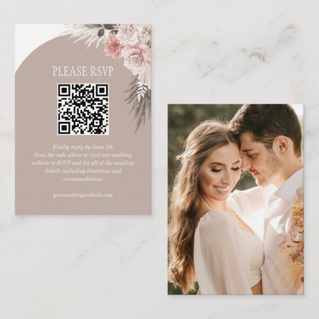 Cartão De Informações Código QR do Site de Casamento Bege Boho Pampas Gr (Frente/Verso)