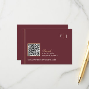 Cartão De Informações Código QR do Site de Casamento Burgundy Gold