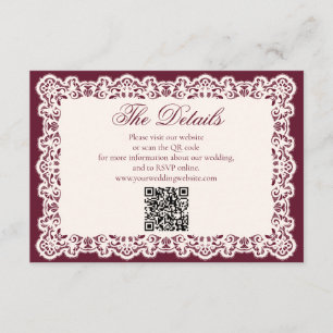 Cartão De Informações Código QR do Site de Casamento em Renda Burgundy V