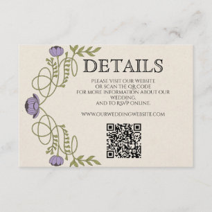 Cartão De Informações Código QR do Site de Casamento Lilás Roxo Art Nouv
