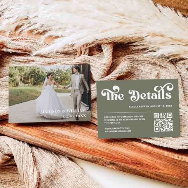 Cartão De Informações Código Qr do Site de Casamento Verde da Retro 70s (Criador carregado)