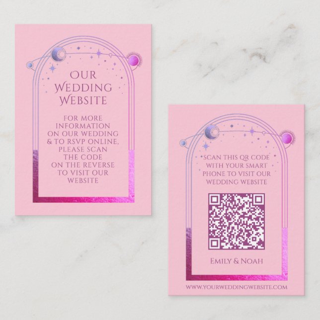 Cartão De Informações Código QR do Site RSVP de Casamento Púrpura Celest (Frente/Verso)