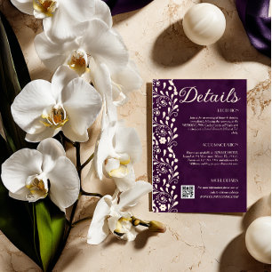 Cartão De Informações Código QR dos detalhes do casamento floral roxo