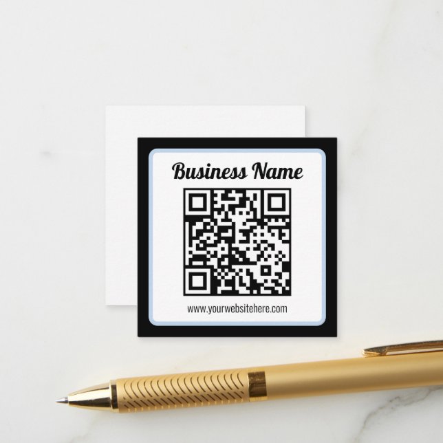 Cartão De Informações Código QR e texto editáveis com borda azul clara (Frente/Verso In Situ)