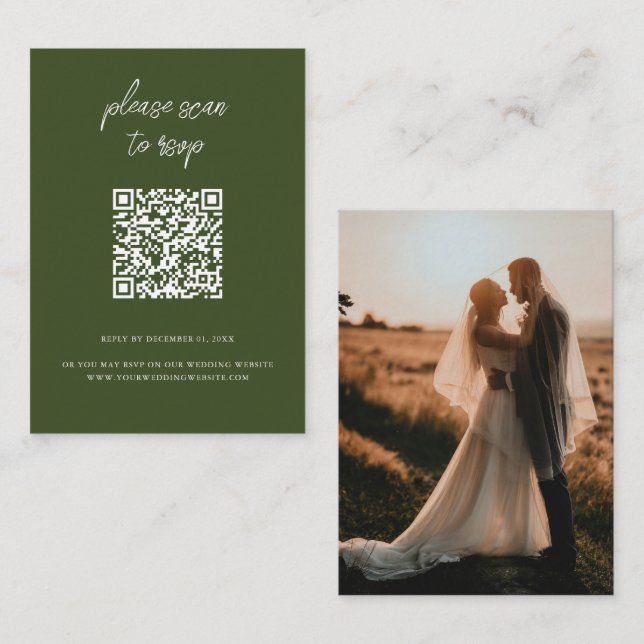 Cartão De Informações Código QR Elegante Foto Verde Oliva Casamento RSVP (Frente/Verso)
