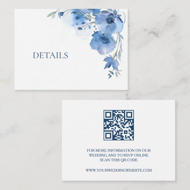 Cartão De Informações Código QR Flor de Aquarela Azul (Frente/Verso)