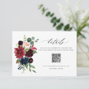 Cartão De Informações Código QR Floral em Aquarela Burgundy e Azul Naval