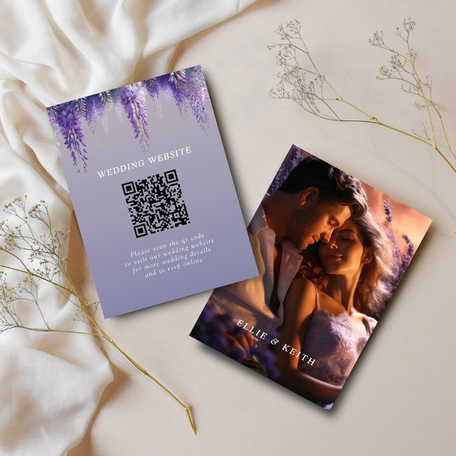 Cartão De Informações Código QR Floral Roxo Quimológico Foto Casamento (Criador carregado)