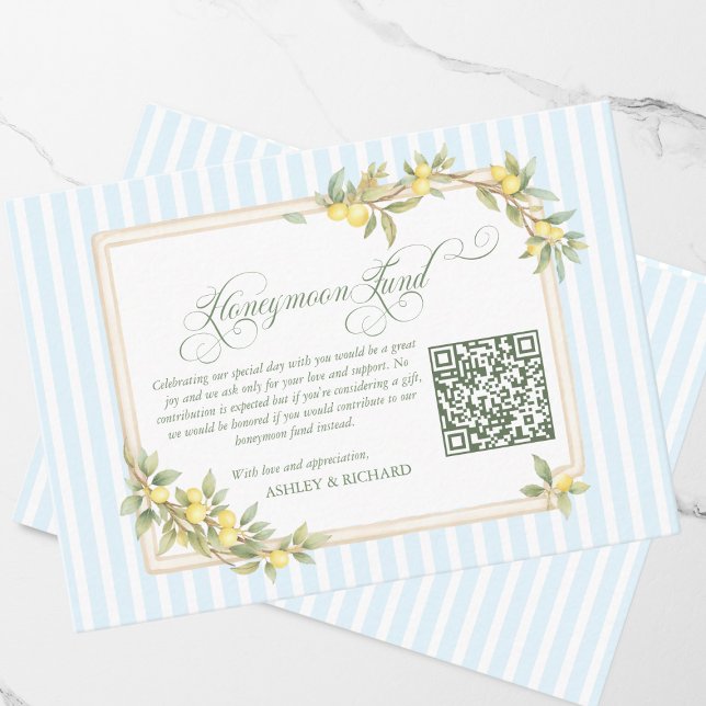 Cartão De Informações Código QR Fundo de Lua de Mel Casamento Limão Medi (elegant coastal mediterranean lemon honeymoon fund QR code wedding invitation enclosure cards)