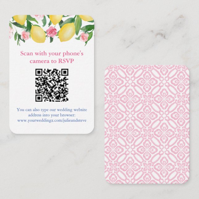 Cartão De Informações Código QR Limões Rosa e Branco RSVP Online (Frente/Verso)
