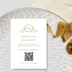 Cartão De Informações Código QR Monograma Branco e Dourado / RSVP Online