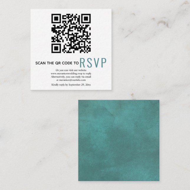 Cartão De Informações Código QR on-line RSVP — Casamento azul-teta manch (Frente/Verso)