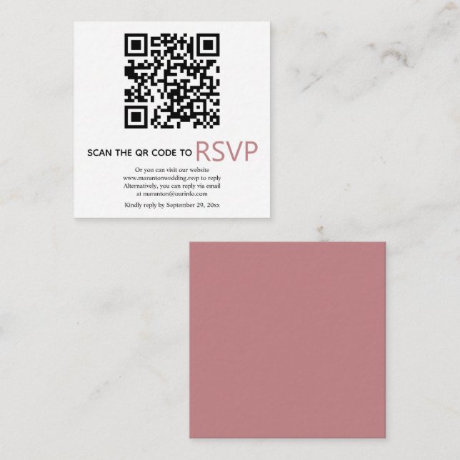 Cartão De Informações Código QR on-line RSVP casamento moderno de rosa e (Frente/Verso)