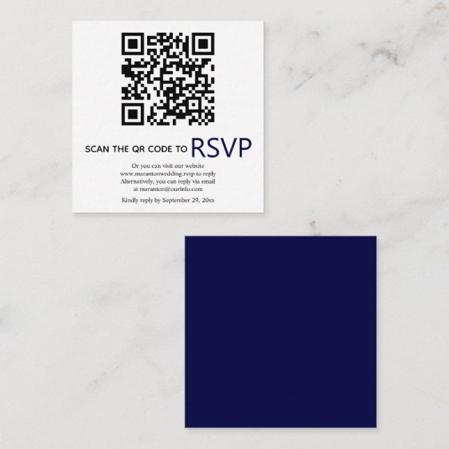 Cartão De Informações Código QR on-line RSVP marinho azul moderno (Frente/Verso)