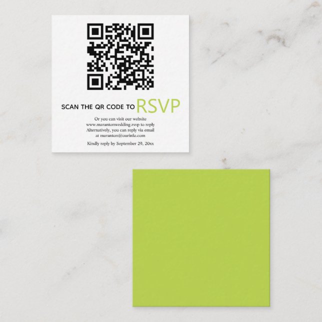 Cartão De Informações Código QR online RSVP casamento verde moderno (Frente/Verso)